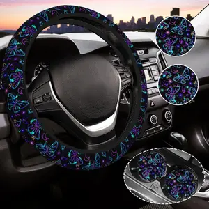 Butterfly Steering Wheel Cover for Women, Universal Auto Steering Wheel 14-15 Inch  Interior Accessories with 2 count  Coasters, Suitable for Men and Women