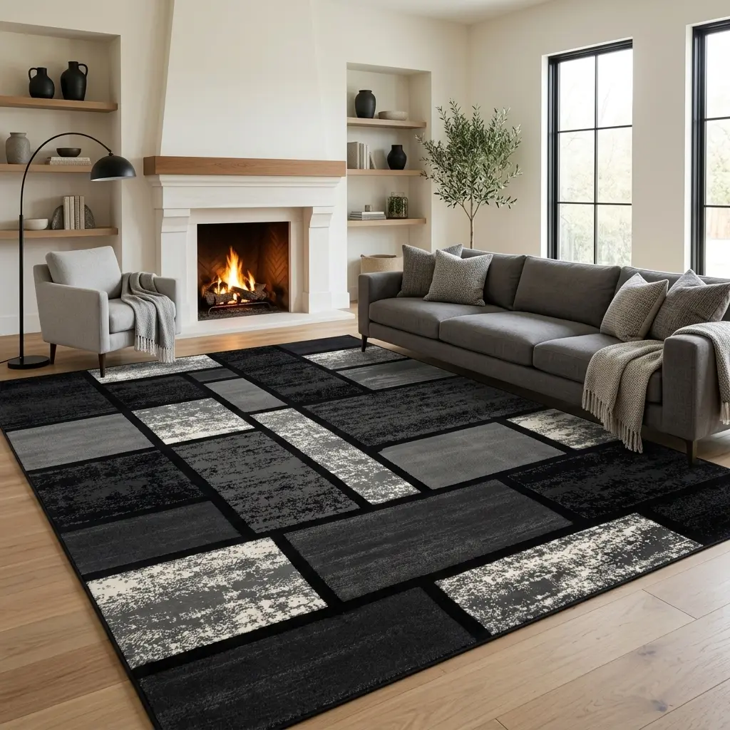 Black Grey Geometric Washable Area Rug 8x10 5x8 4x6, Modern Abstract Color Block Soft Velvet Low Pile Non Slip Carpet for Living Room Bedroom Dining Office Decor