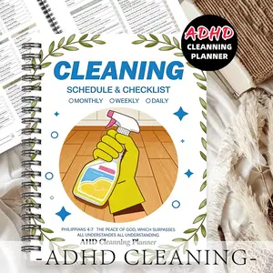 1pc ADHD Cleaning Planner Themed Academic Notebook, Olive Branch Peace Style - Wearing Gloves Holding A Spray Bottle with An Olive Branch Pattern. Plan Cleaning Schedules To Seek Peace. Cleaning Planner, Stress Management Notebook. 5.5x8.3 Inch Notebook