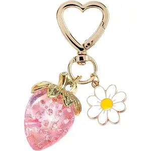 Strawberry Keychain with Wallet Pocket for Women Cute Flower Charm & Gold Heart Hook Perfect Accessory for Keys and Bags