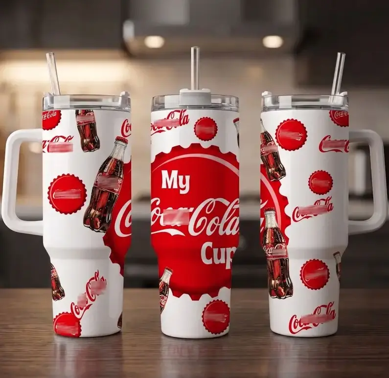 40oz (1183ml) Vintage Soda-Style Stainless Steel Tumbler with Gift Box, Straw, Handle & Print, Double Wall Vacuum Insulated Travel Mug, Car Cup Holder-Fit Retro Kitchen Drinkware Travel Gift