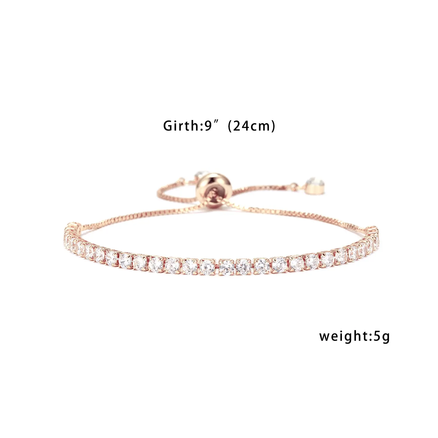 Women's Adjustable Tennis Bracelet, Gold/Silver/Rose Gold Tone 3mm Zirconia Pull-Tie Chain Bracelet