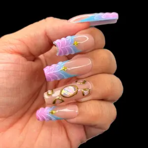 Blue French with Pink Ombré and Encapsulated Shell Press On Nails Featuring 3D Design and Gold Accents