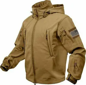 Coyote Brown Special Ops Soft Shell Waterproof Military Jacket w US Flag Patches