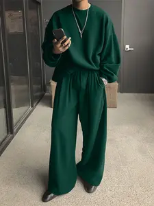 INCERUN Men's Fashion Solid Color Two-Piece Set Clothes, Casual Long Sleeve T-Shirt + Pants, Perfect for Daily Wear, Trouser