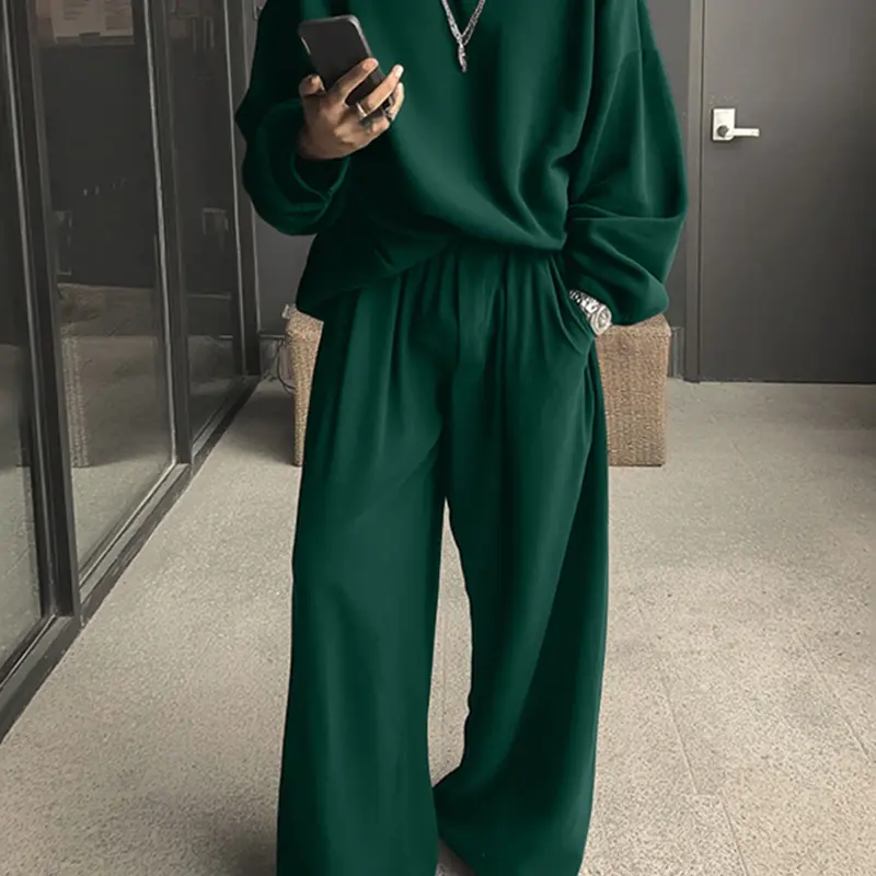 INCERUN Men's Fashion Menswear Solid Color Two-Piece Set Clothes, Casual Long Sleeve T-Shirt + Pants, Perfect for Daily Wear, Trouser