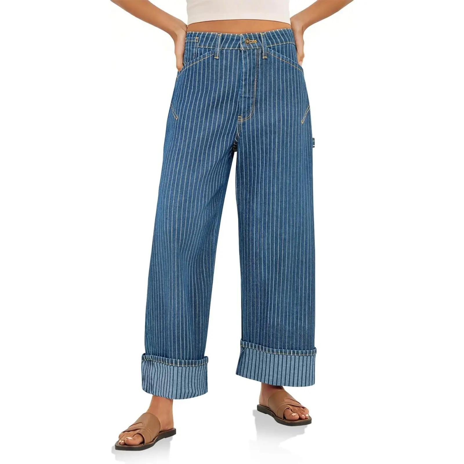Cicy Bell Womens Striped Wide Leg Jeans Baggy Boyfriend High Waisted Cuffed Denim Pants with Pockets