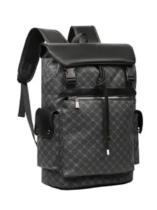 Printed Flip Cover Backpack, Business Commute Large Capacity Laptop Bag, Travel Versatile Hiking Pack, Classic Print Backpack, Drawstring Closure