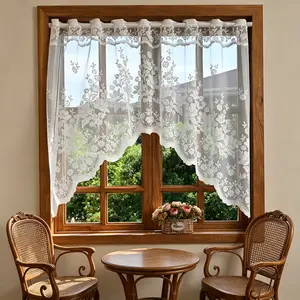 White Lace Arched Sheer Curtain Floral Embroidered Swag Curtain Valance Tier for Doorway Kitchen Bathroom Window, Rod Pocket Top 1 Panel