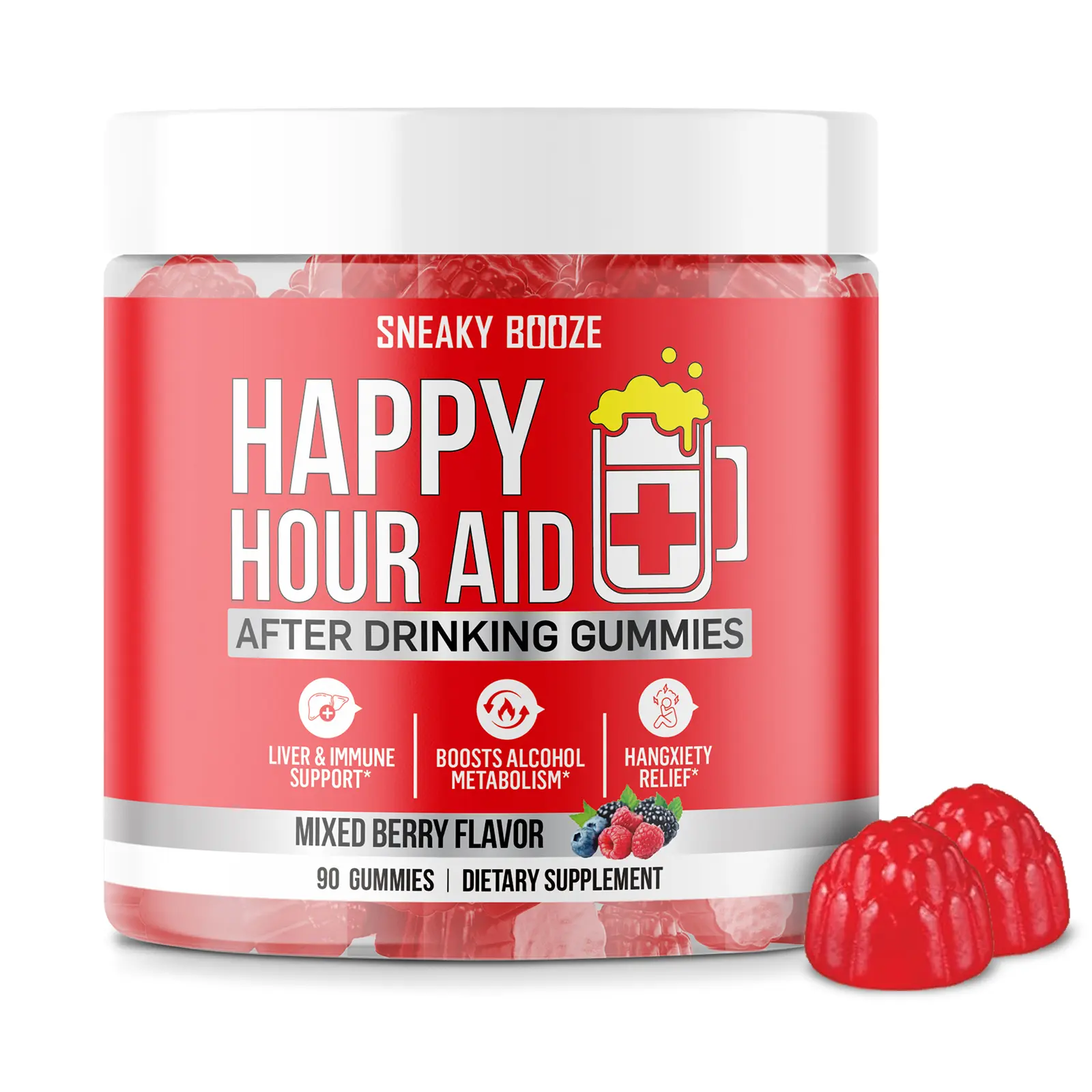 Sneaky Booze Happy Hour Aid Hangover Gummies Supplement Pre Game Party Hydration Electrolytes Alcohol DHM Milk Thistle After Drinking Gummy Weekend Recovery Vitamins Formula Better Mornings Support 90 Count