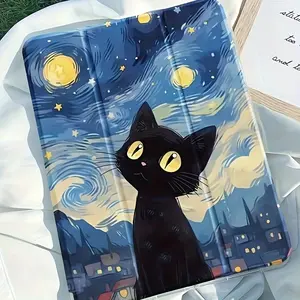 Starry sky kitten pattern, with adjustable bracket and pen slot, foldable non-slip TPU protective case, suitable for iPad mini, iPad Air, iPad Pro/iPad 10th generation, 11th generation and other series iPad protective cases
