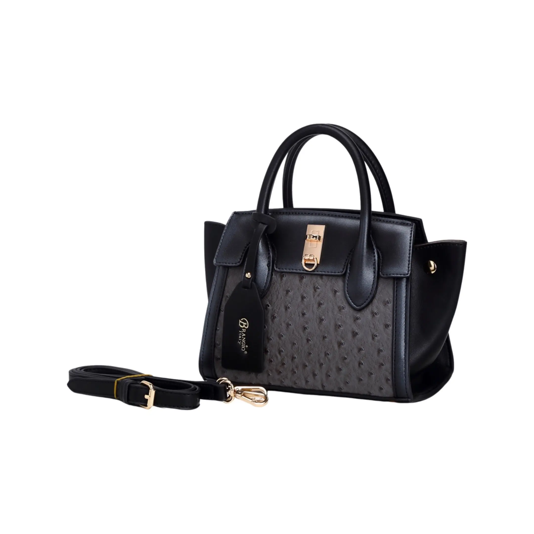 Brangio Italy Women's Ostrich Texture Embossed Top-Handle Satchel Bag - Detachable Strap, Crossbody Option, Textured Panel, Modern Chic, Elegant Evening Wear Handbag