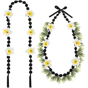 Hawaiian Graduation Kukui Nut  Lei 48 Inch  Tropical Hawaii Luau Wreaths 2026 Graduation Lei Necklace Artificial Plumeria Flower for High School College Grad Party Accessories