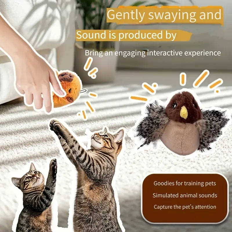 Touch Activated Flapping Bird Cat Toy with Realistic Chirps