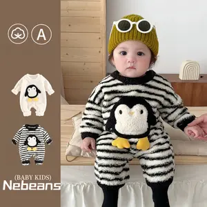 2025 Baby Winter Fleece-Lined Romper - 0-2Y Penguin Onesie | Soft Warm Unisex Outdoor Wear + Free Hat