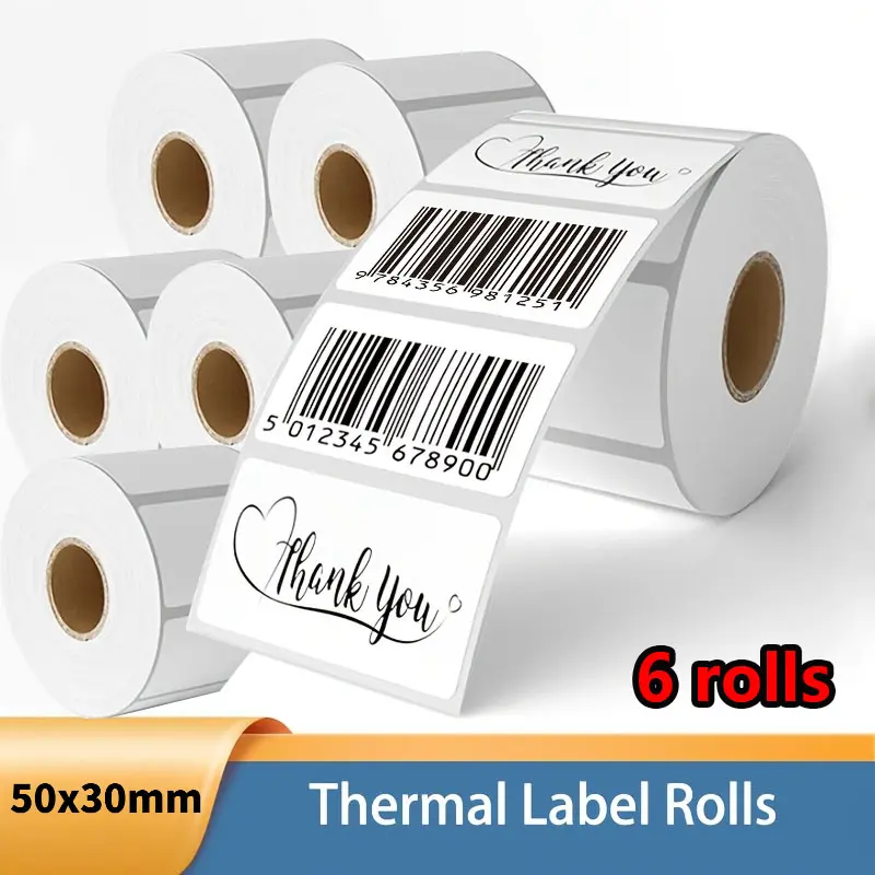 1380 sets of discounted packages, 50x30mm white thermal transfer Self Adhesive Sticky Labels Rolls Labels 230 labels per roll, strong adhesion, clear printing, no ink required. Perfect for barcodes, product labels, and inventory tags.