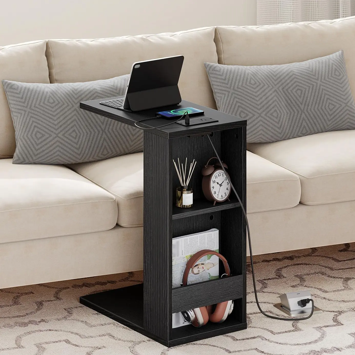 HOOBRO C-Shaped End Table with Charging Station & Storage, Slim Side Table for Small Spaces, Modern Couch Table for Living Room, Bedside Table, Black #SummerVibes