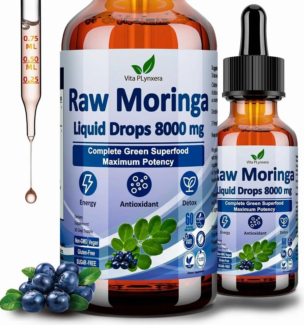 Raw Moringa Liquid Drops 8000 mg, Organic Moringa Oleifera Leaf Extract w. Supergreens Blend of Wheatgrass, Barley Grass for Antioxidant, Energy & Immune, High Potency Than Capsules Powder