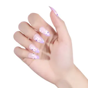 Ivy & Ash Press-On Nails - Purple Daisies | Medium Almond Shape Lilac French Tip with White Daisies Floral Pattern