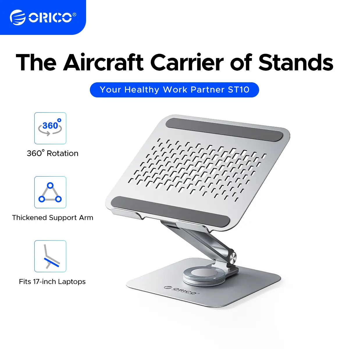 ORICO Adjustable Laptop Stand with 360° Rotating Base, Foldable Aluminum Alloy Laptop Riser for Desk, Compatible with MacBook Neo Air Pro, Dell, HP (Up to 17") - ST10,back to school,back to school shopping