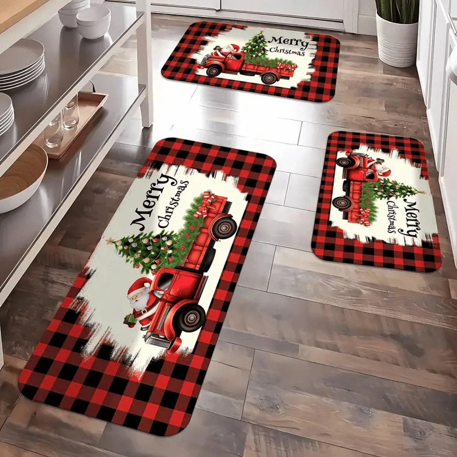 1pc Santa & Vintage Red Truck Flannel Floor Mat, Multi Holiday Decor Rug, Indoor & Outdoor Entrance Mat for Kitchen, Living Room, Bedroom, Farmhouse, Laundry Room