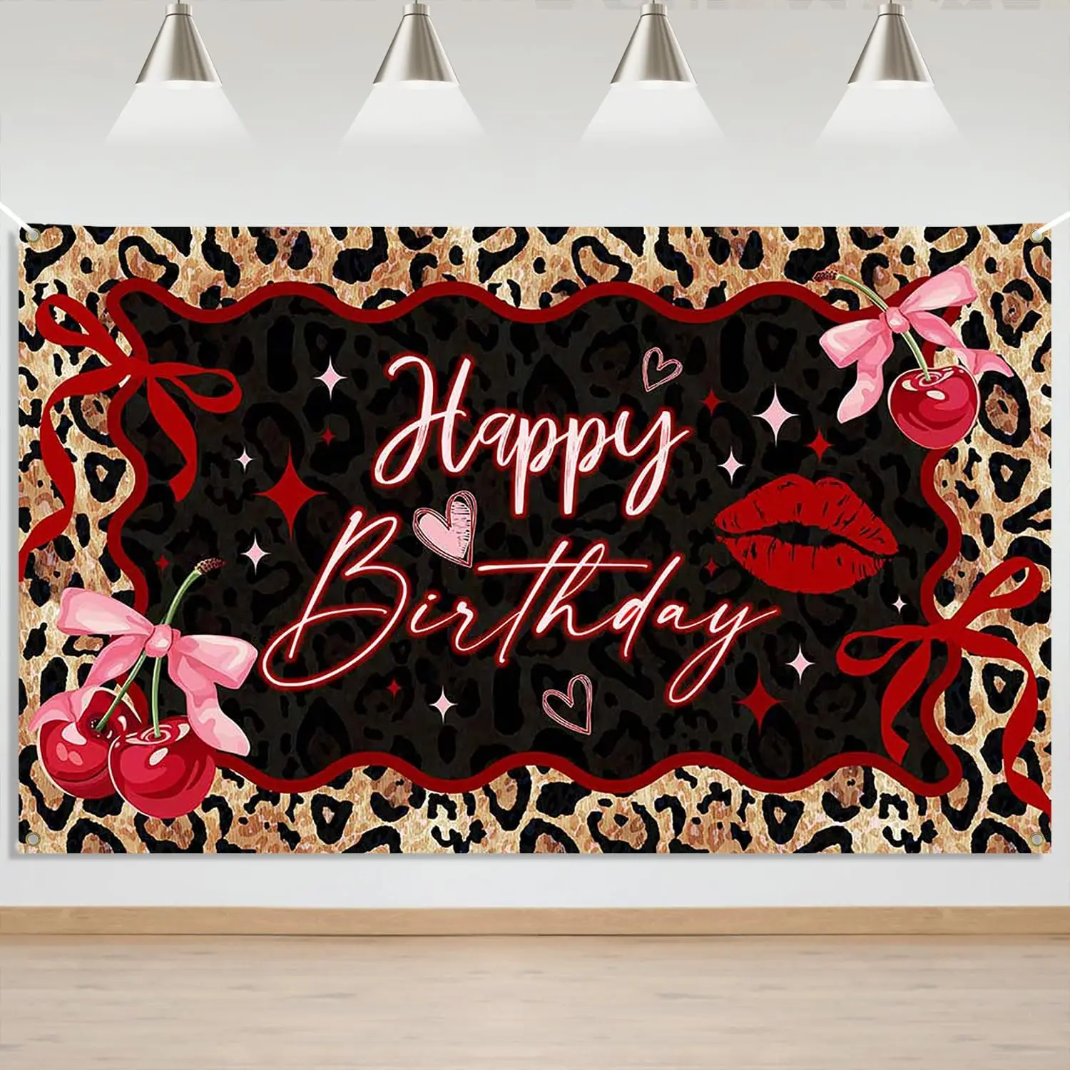 Mocsicka Cheetah Cherry Birthday Banner - Cheetah Print Happy Birthday Backdrop Decorations, Leopard Animal Birthday Party Decor Supplies for Girls Women