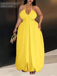 【plus size】 solid tie back halter neck dress, casual formal sleeveless long dress for summer, women's plus clothing for daily wear, womenswear