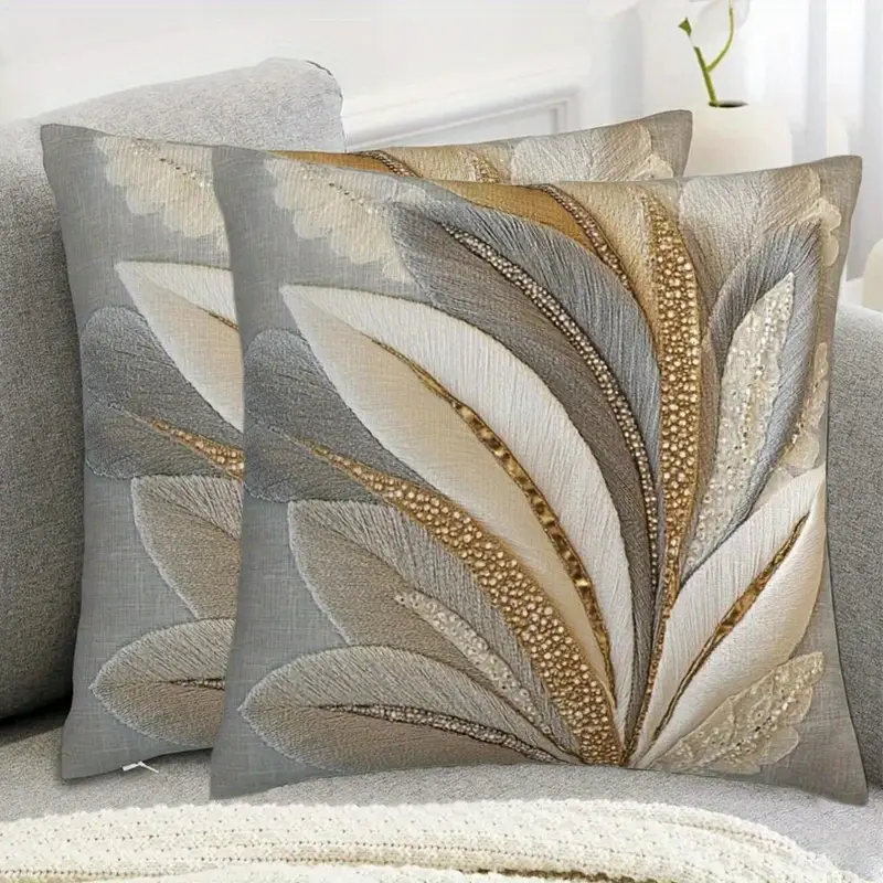 Set of 2 Elegant Feather Print Cushion Covers, Soft Polyester Zippered Cases, Machine Washable Home Decor Sofa Pillowcases