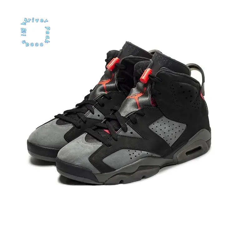 Black and Gray Mid-Top Retro Basketball Shoes with Red Accents and Translucent Heel Detail