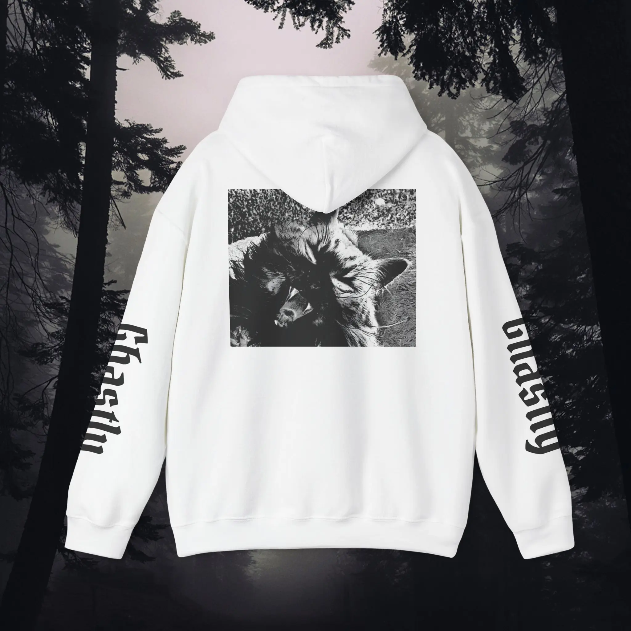Gothic Cross and Black Cat Hoodie | Cross Chest, Cat Back, Sleeve Script Fabric Menswear