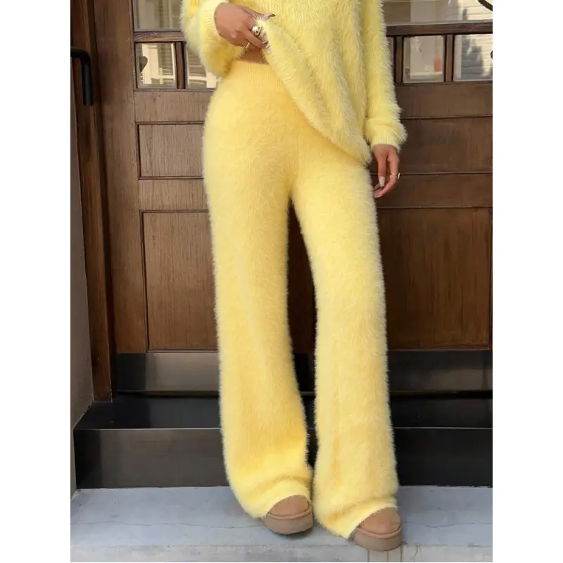 Christmas Women's Casual Yellow Knitted Pants, Autumn and Winter Butter Yellow Pants Yellow Pants Yellow Bottoms Knitted Two-Piece Set, Autumn, Women's Autumn Clothing, Women's Winter Clothing