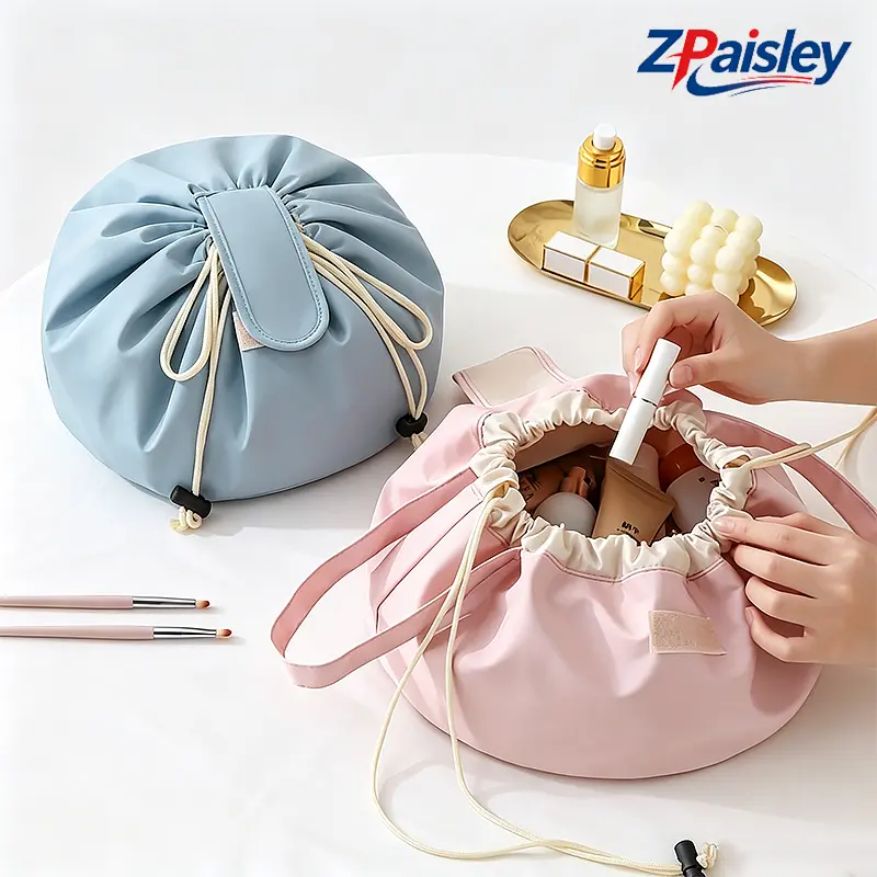 Women's Large-Capacity Polyester Water-Resistant Gym Drawstring Bag with Quick-Seal Handle, Portable Lazy Cosmetic Pouch & Travel Toiletry Organizer for Cosmetics, Skincare Tools