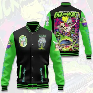 Rick And Morty Varsity Jacket, Cartoon Pop Culture Graphic Design, Oversized Streetwear Style, Trendy Unisex Casual Outfit Gift