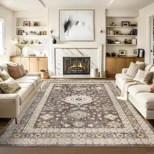 GARVEE Indoor Boho Area Rug 5x7 Washable Rug Non-Slip Ultra-Thin Soft Rug Vintage Floor Mat Living Room Rug Low Pile Non-Shedding Kitchen Rug Oriental Distressed Rugs for Bedroom Dining Room Brown