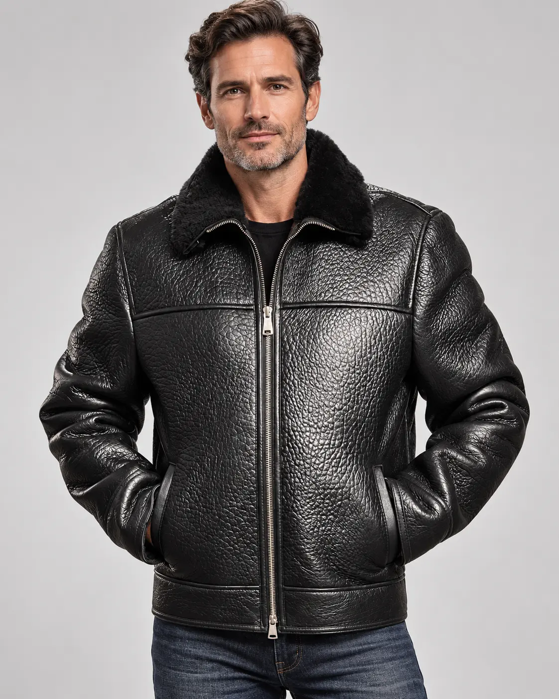 Men’s Genuine Sheepskin Shearling Leather Jacket, Black Fur Collar Aviator Bomber Winter Coat (Blackstone)