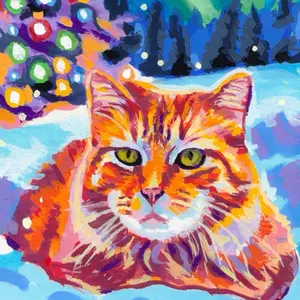 Original Small Gouache Painting Acrylic Gouache Christmas cat ACEO Bright Vibrant Impressionism Artwork
