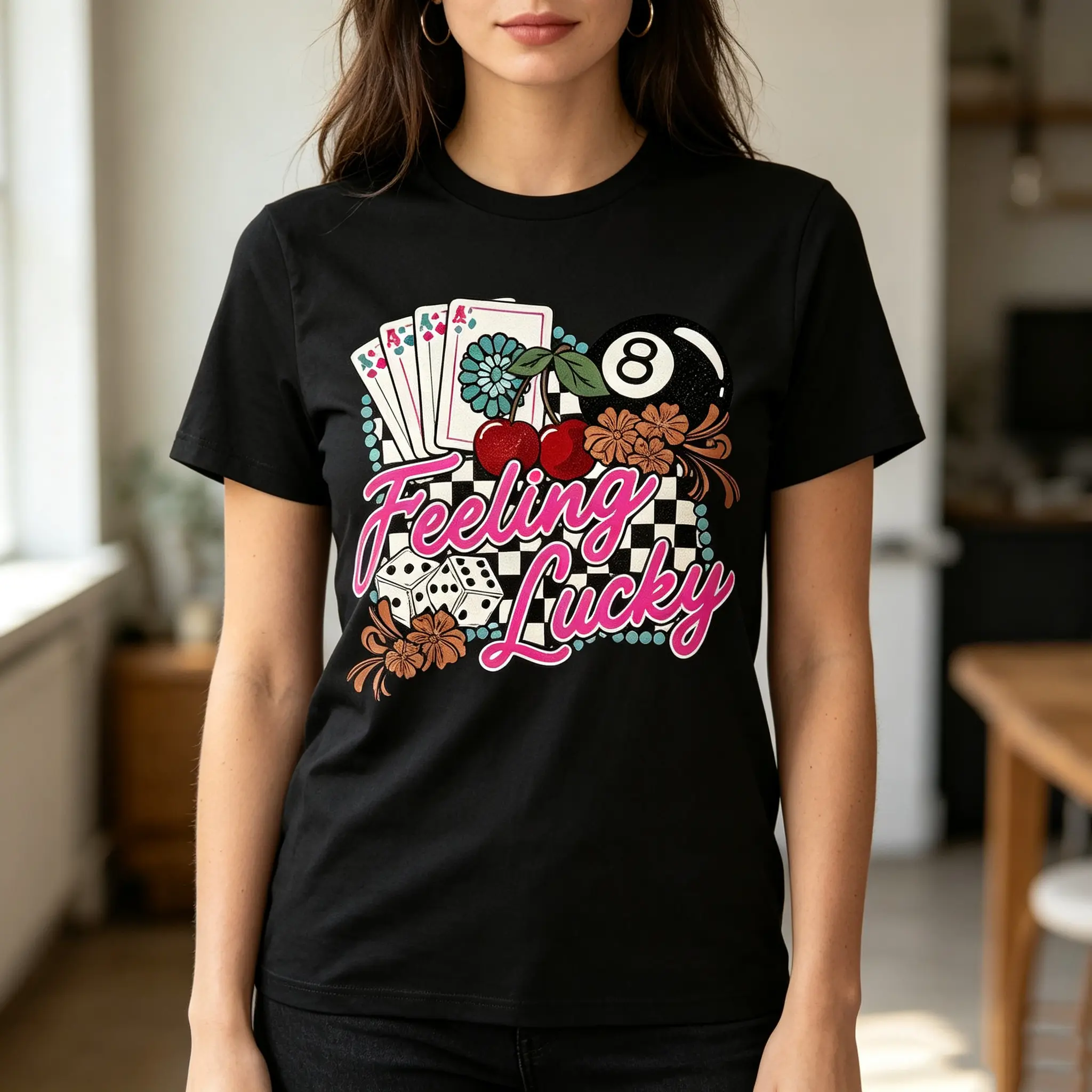 Women's Retro Graphic Basic Top - Oversized Loose Cut, Short-Sleeve, Round/Crew Neck, Minimalist Lucky Print, Casual Everyday Streetwear Sports Top