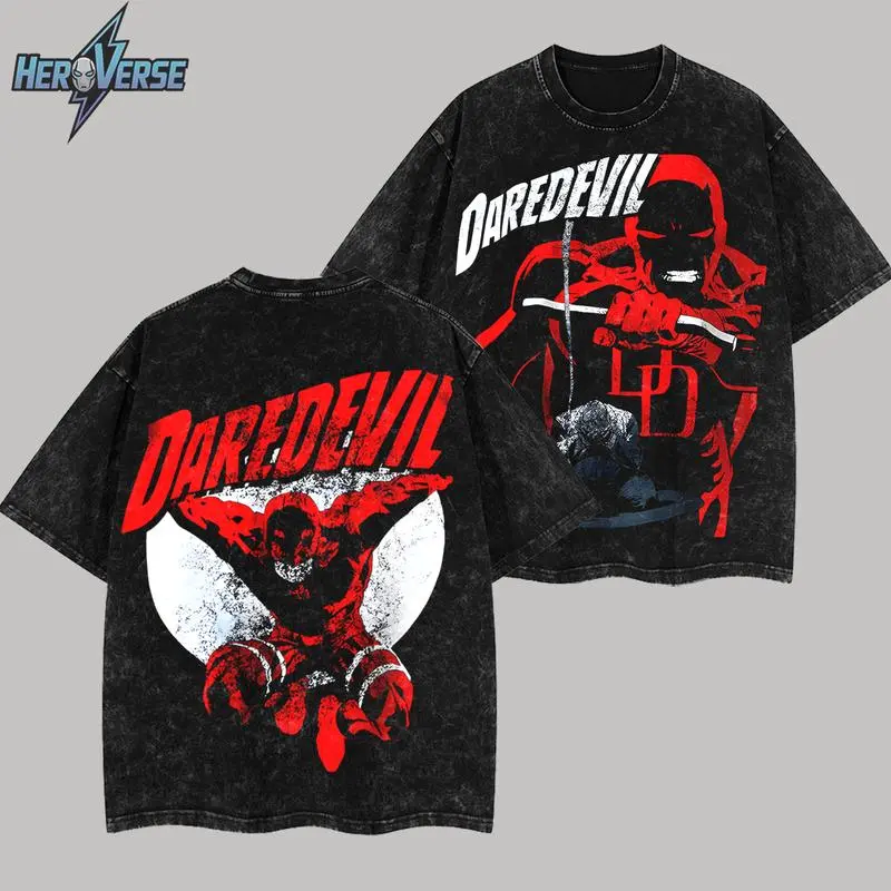 Daredevil Night Watch Print Washed Cotton T-shirt, Vintage Graphic Tee Washed For Fans Super Hero Movie, Design Top Cotton Streetwear Comic Superheroes T-Shirt Clothes Menswear Womenswear, T-shirt Unisex Hot 2025