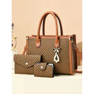 Elegant 3-Piece Handbag Set, Large Capacity Zipper Closure, Stylish Plaid Pattern, Includes Coin Purse & Card Holder, Hand Shoulder Bag