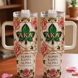 AKA Inspired Floral Tumbler 20oz 40oz, Flat Printed 3D Look Design (Not Embossed), Pink Rose Aesthetic Travel Mug, Sorority Style Gift Drinkware