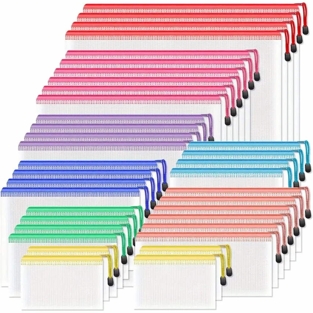 Set of 36 Mesh Zipper Pouches in 8 Different Sizes And Colors, Ideal for Organizing Craft Supplies, Office Items, Cosmetics, And Travel Essentials