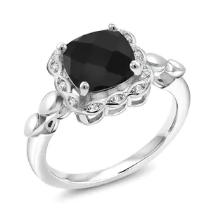 925 Sterling Silver Black Onyx and White Created Sapphire Engagement Ring For Women (2.21 Cttw, Cushion Checkerboard 8MM, Gemstone Birthstone)