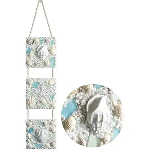 Coastal Wall Decor 3D Seashell Starfish Conch Wall Hanging, 20.5 * 4.3 Inches Beach Nautical Ocean Theme Bathroom Home Summer Decorations Sea Shell Art