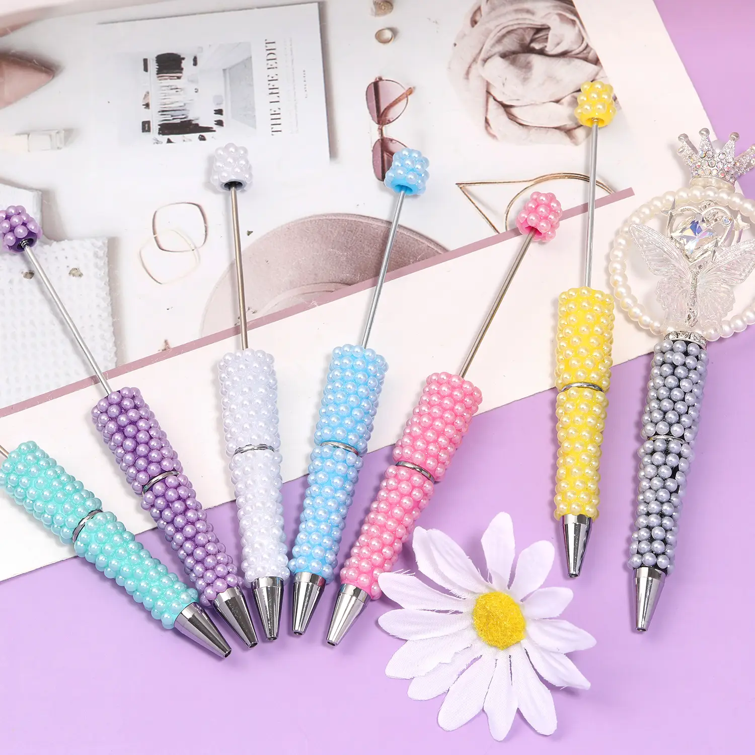 【P58】Qty 5 Diy beading pen wholesale rhinestone pearl handmade patch bead pen ballpoint pen