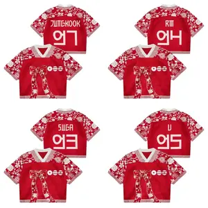 [Today Deal] ARMY Red Hanbok Flower Style Crop Top Jersey, Kpop Fan Gift, Korean Traditional Arirang Top, Bangtan Army 07 Shirt, Custom Name Number Unisex Kpop Outfit
