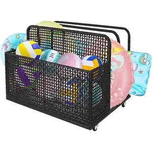 Outdoor Wicker Patio Poolside Float Storage, Patio Wicker Pool Float Storage With Wheels, PE Rattan Rolling Pool Float Caddy for Floaties, Noodles, Life Vests, Beach Balls, Patio Furniture