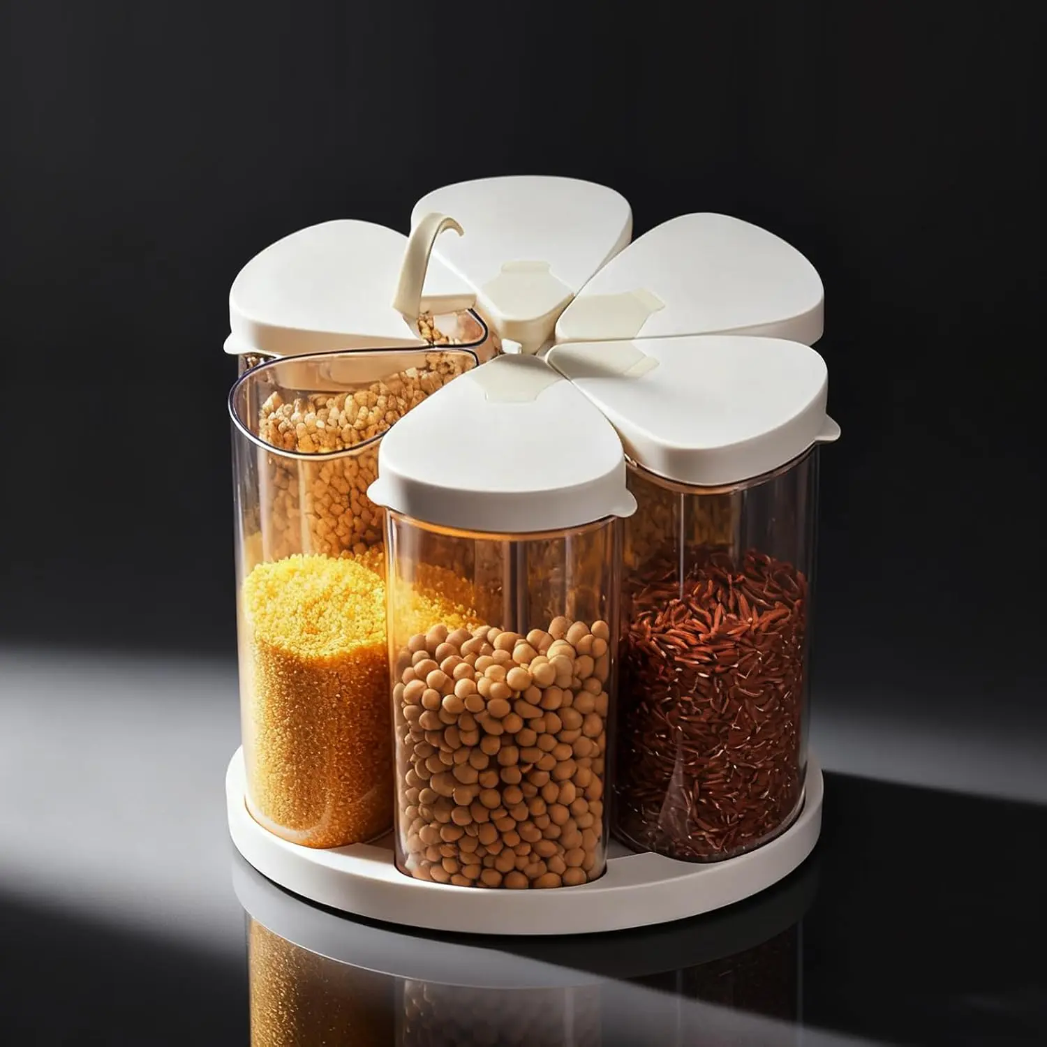6-Grid 360° Rotating Rice & Cereal Dispenser (5-10 lbs) with Lids - Pantry Organization Kitchen Countertop Canister Set, Small Food Storage for Oats, Corn Flakes, Flour (6 Grids Design with Rotating Tray)