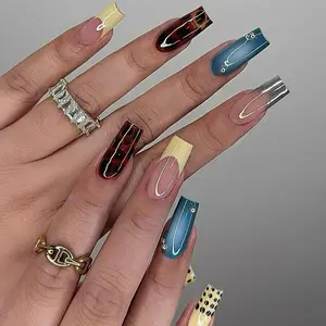Yellow French Tip Press On Nails – Polka Dot and Tortoiseshell Design, Square Clear Tip Handmade Modern Nail Art