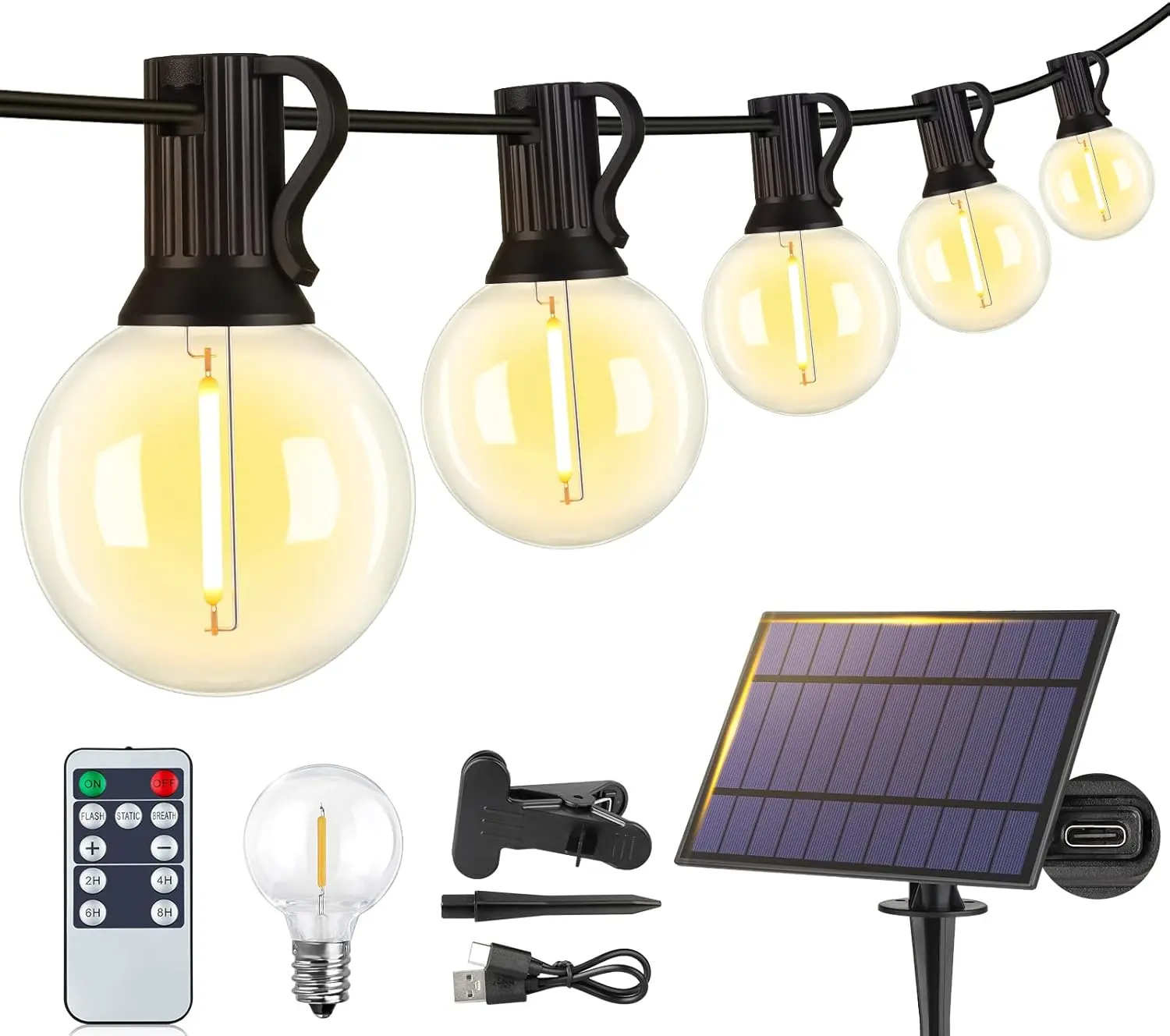 25FT Black Rechargeable Solar-Powered Outdoor String Fairy Lights, Waterproof Dimmable with Remote, 3 Modes, 11 Shatterproof G40 LED Bulbs, Solar Power Ambient Glowing LED Lights for Patio, Backyard, Solar Power Outdoor