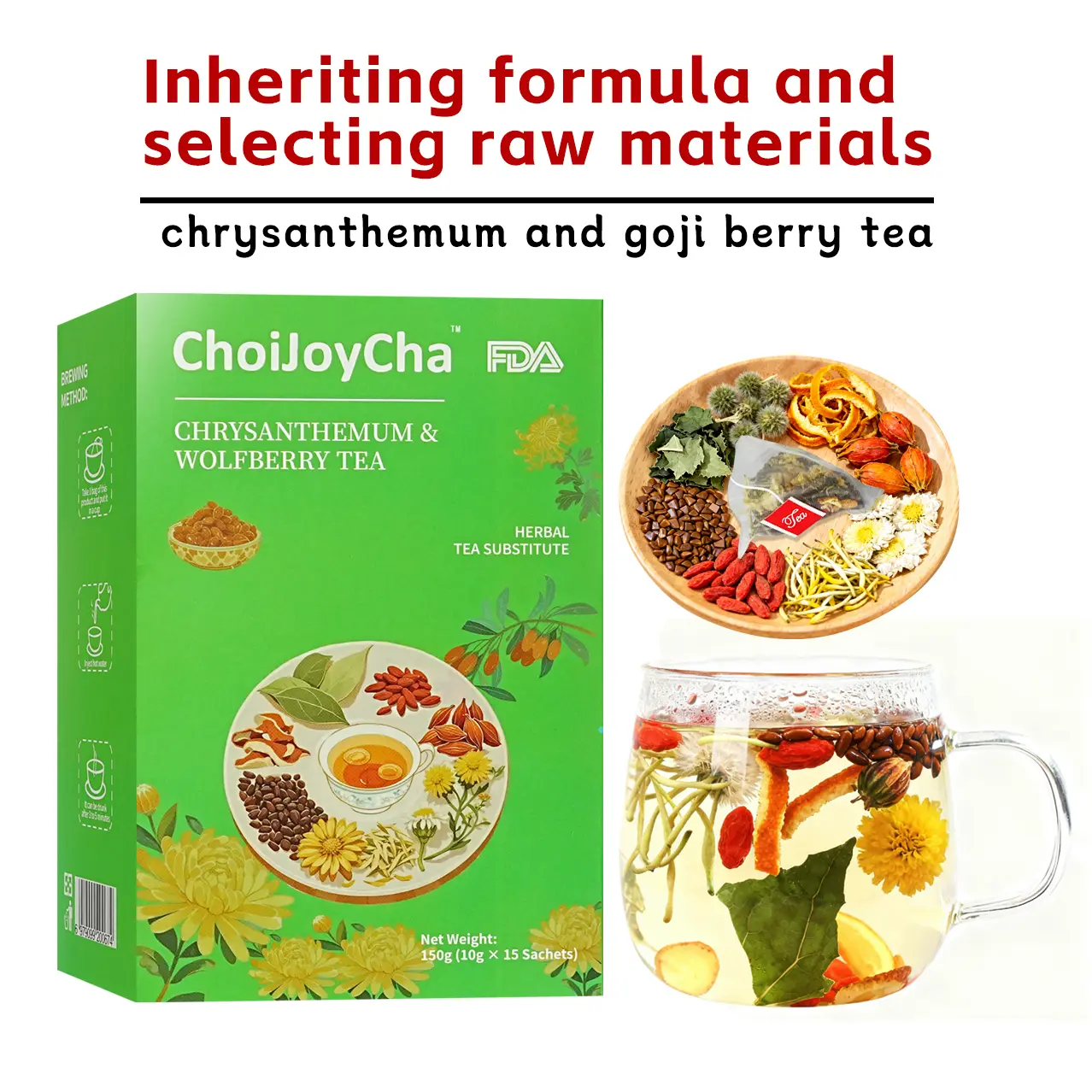 ChoiJoyCha Organic Wolfberry Chrysanthemum Herbal Tea Bags, 15-Pack Mixed Natural Herbs, No Added Sugar, Caffeine-Free, Liver & Eye Health Support, Antioxidant-Rich Natural Tea